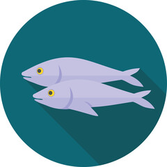 Two Light Purple Fish Swimming Together In A Deep Teal Circle With Long Shadows And A Simple Style