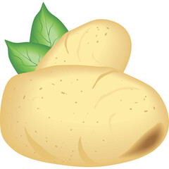 Two Light Brown Potatoes with Green Leaves on Transparent Background