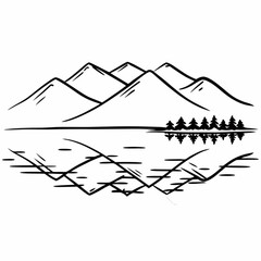 Minimilist a monochrome landscape featuring mountains reflected in water with trees on the shoreline scenery drawing vector