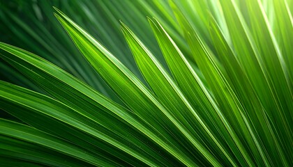Obraz premium Upclose shot of vibrant green palm leaf fronds radiating outwards with light shining through from the top right corner