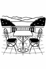 Minimilist illustration of a table and two chairs on a patio overlooking mountains and decorative bushes outside 100 vector