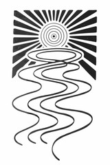 Minimilist stylized sunburst above a winding river with concentric circles in a black and white illustration vector