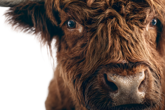 Closeup portrait of a fluffy brown highland cow with a transparent background
