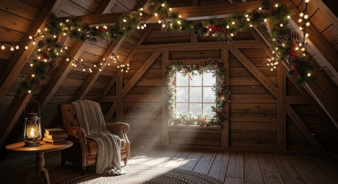Cozy christmas attic scene with lights chair and window view of snowy landscape
