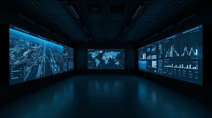 Inside of a high-tech control room, displaying data on multiple screens, creating an atmosphere of innovation and information