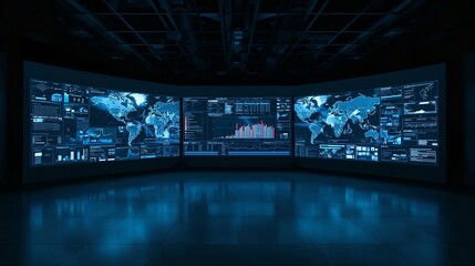 a surveillance room filled with numerous screens displaying real-time data and maps. The scene evokes a sense of technological prowess and constant monitoring. The screens are emitting a blue glow.