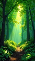Obraz premium Lush green canopy of a vibrant forest, sunlight filtering through leaves, creating dappled shadows on the forest floor Perfect for nature, ecology, and environmental themes , forest, canopy