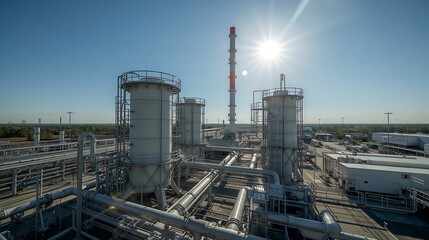 Obraz premium an industrial facility under the bright sun, showcasing intricate pipelines and storage tanks, reflecting modern infrastructure 