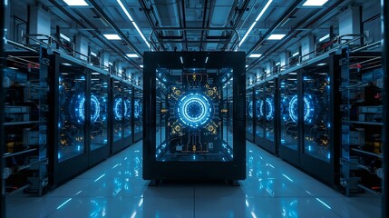 Inside the futuristic server room with advanced technology displays and data servers in a modern facility. The interior is bathed in cool blue light, highlighting technological advancements