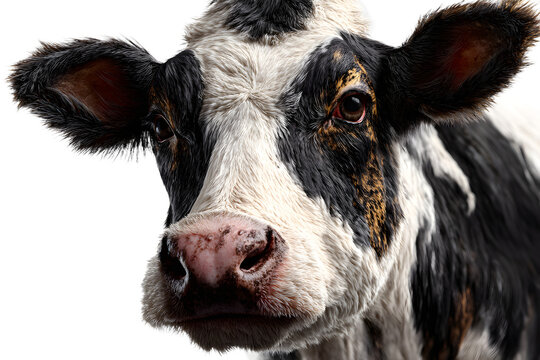 Closeup portrait of a black and white cow with a wet nose