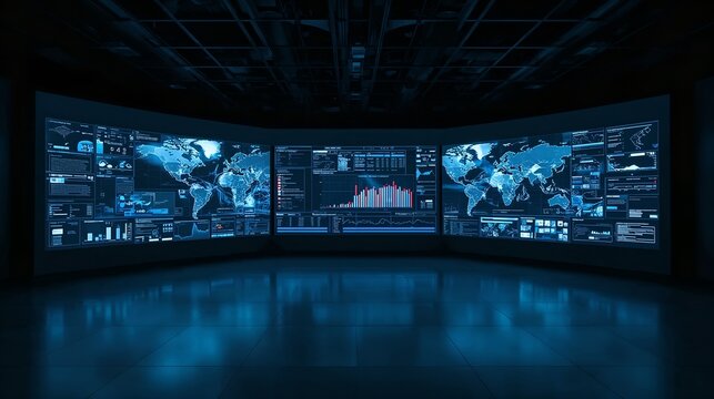 a surveillance room filled with numerous screens displaying real-time data and maps. The scene evokes a sense of technological prowess and constant monitoring. The screens are emitting a blue glow.