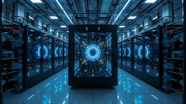 Inside the futuristic server room with advanced technology displays and data servers in a modern facility. The interior is bathed in cool blue light, highlighting technological advancements