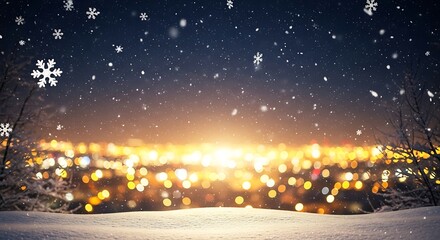 Winter Wonderland - Snowy Landscape with City Lights and Snowflakes.