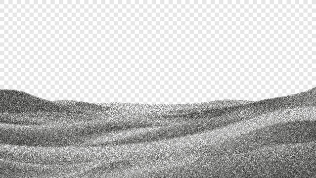 Abstract dotted grain gradient sand or snow desert landscape. Vector sand dunes or snowdrifts with trendy black stipple texture. Rough noisy sand or snow dotted background. Gritty pattern.