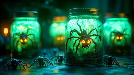 Creepy Green-Glowing Halloween Specimen Jars with Drowned Spiders – Spooky Season Decor