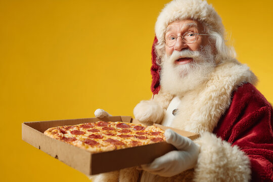 Santa delivers a delicious hot pepperoni pizza with a joyful smile