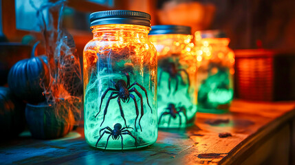 Creepy Green-Glowing Halloween Specimen Jars with Drowned Spiders – Spooky Season Decor