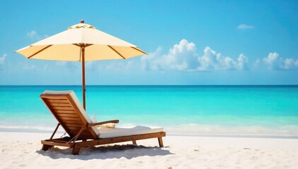 Relaxing beach scene with a stylish umbrella providing shade over a comfortable beach chair, perfect for a sunny day at the seaside Enjoy the tranquility and comfort , holiday, sand