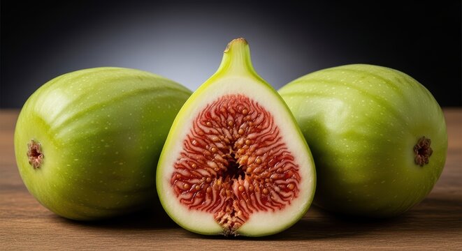 Close-up of fresh ripe green figs with sliced center on wooden surface - Powered by Adobe