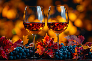 Two glasses of red wine surrounded by autumn leaves and grapes on a warm evening