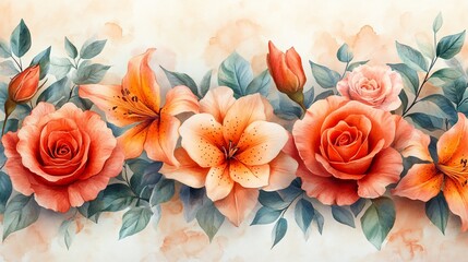 Fototapeta premium Elegant watercolor floral arrangement featuring roses and lilies in warm peach tones, complemented by soft blue-green foliage on a seamless background, ideal for sophisticated designs.