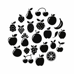 A collection of various fruit icons in black silhouettes on a white background.