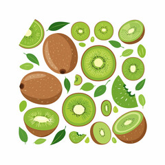 Flat lay illustration of kiwis and kiwi slices with green leaves on a white background, showcasing various cuts and textures.