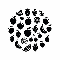 Black silhouettes of various fruits arranged in a circle on a white background, showcasing apples, bananas, strawberries, and citrus slices in a flat lay composition.