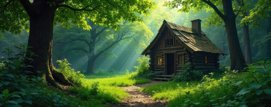 Secluded wooden hut nestled deep within a lush, vibrant green forest, sunlight filtering through the canopy Perfect for fantasy, fairytale, or nature themes , sunshine, summer, canopy