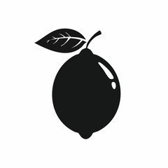 A simple black silhouette of a lemon with a leaf on a white background.