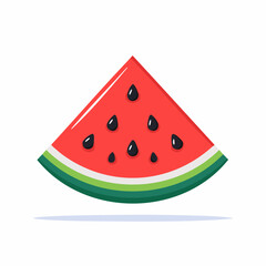 A vibrant illustration of a triangular slice of watermelon with black seeds on a white background.