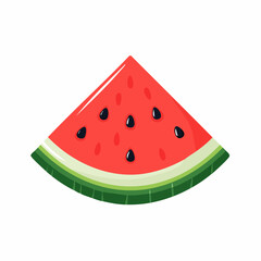 Illustration of a slice of watermelon with black seeds on a white background in a flat graphic style.