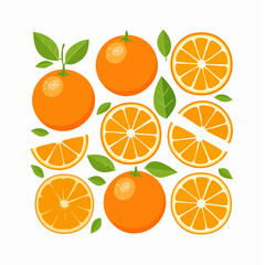 Illustration of whole and sliced oranges with green leaves on a white background in a flat lay composition.