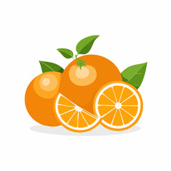 Illustration of three oranges with green leaves on a white background, one cut in half to show its segments.