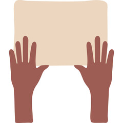 Two open hands hold a light brown rectangular blank sign with a transparent background featuring flat design in muted earth tones of beige and terracotta colors with clear and simple shapes