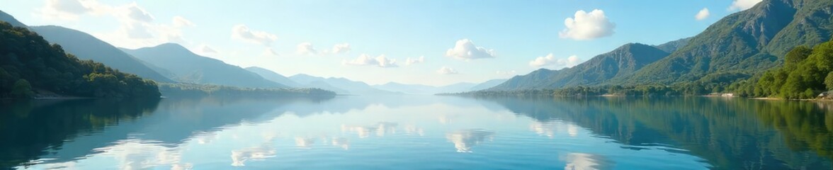 Serene landscape with a tranquil lake reflecting a clear sky, perfect for relaxation and mindfulness  Ideal for spa, wellness, travel, and nature-themed projects ,  light,  peace