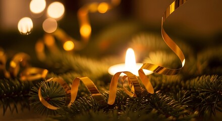 Festive Christmas candle with golden ribbon and lights.