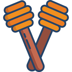 Two Orange Honey Dippers Crossed Together on a Transparent Background with Brown Handles and Blue Outline