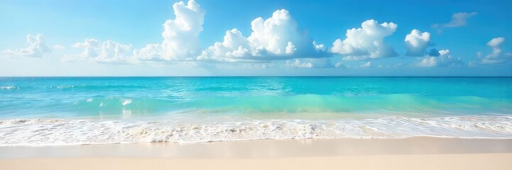 Serene ocean vista, a tranquil haven of calm blue waters lapping gently against a pristine, sandy shore Perfect for relaxation and escape themes , beauty, tropical