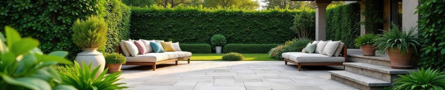 Serene patio landscape design featuring lush greenery, elegant stonework, and comfortable seating Perfect for relaxation and outdoor entertaining , garden, home improvement