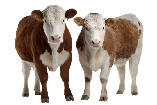 Two young hereford cows standing next to each other, looking at the camera