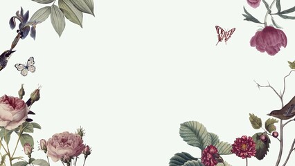 Vintage Floral Border with Pink Roses, Butterflies, and Birds