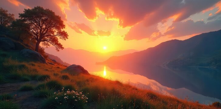 Serene sunrise over a tranquil landscape, conveying peace and divine connection Perfect for themes of faith, hope, and spiritual awakening , peaceful, sacred