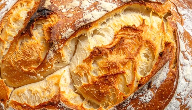 Up-close view of crusty, artisan bread loaf with open crumb structure. Golden brown exterior and airy interior. Texture is rough and uneven, with some flour dusting