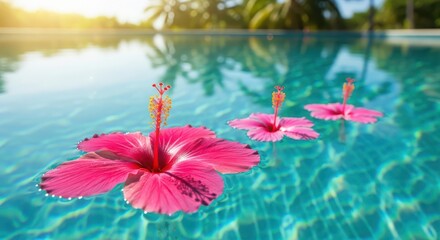 Three pink hibiscus flowers floating in a clear blue swimming pool on a sunny day with palm trees reflected in the water