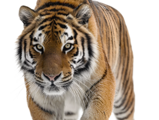 A majestic tiger walks forward, its powerful presence captured against a clean transparent background, showcasing its striped fur and intense gaze