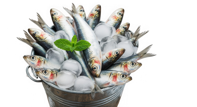 Fresh sardines and ice in a metal bucket with mint isolated on transparent background
