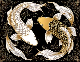 Two stylized Koi fish, white and gold, swim in a yin-yang style composition, framed by ornate gold filigree and black background