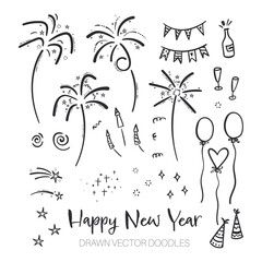 Obraz premium Fun hand drawn New Years Party doodles - firework, paper streamers, cocktails and rockets , great for banners, wallpapers, textiles, wrapping - vector design
