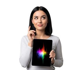 Brunette woman holds tablet showing colorful sound wave for podcasting or audio work